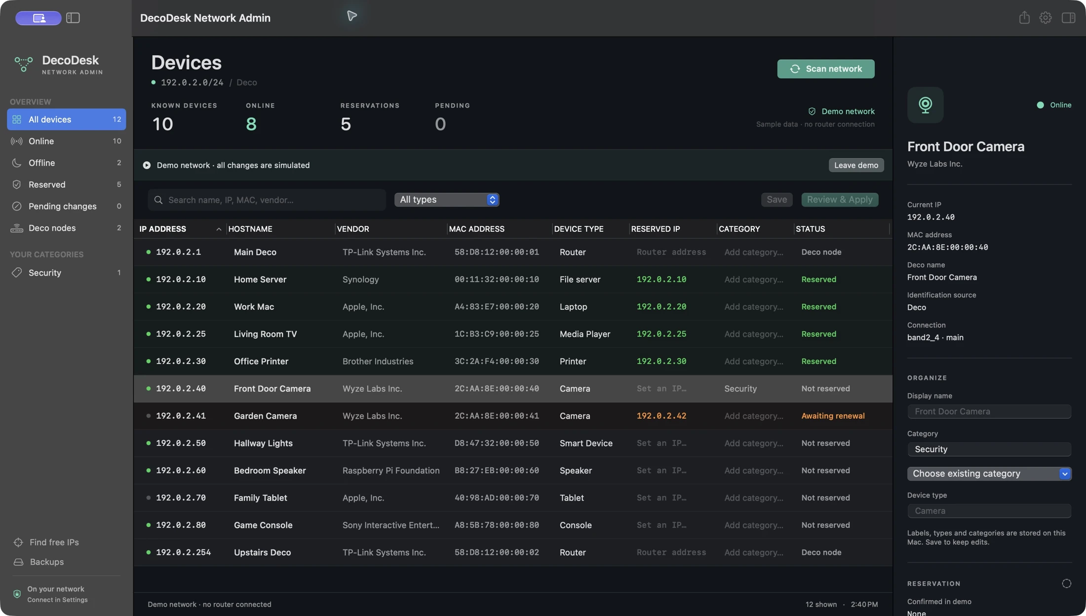 DecoDesk’s dark Mac interface shows device IPs, hostnames, vendors, MAC addresses, reserved IPs, categories and status using sample data.